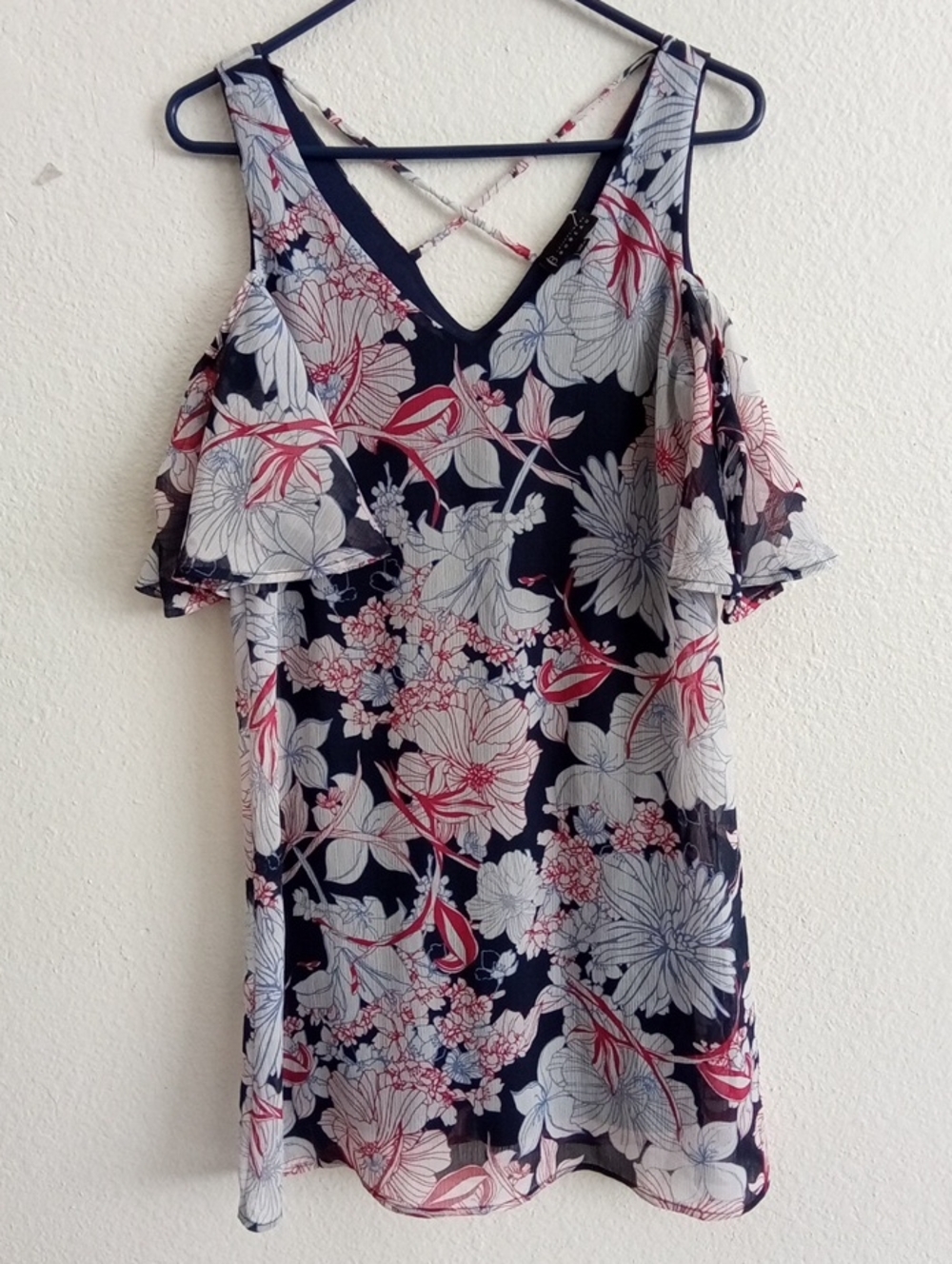 bobeau Navy Floral Cold-Shoulder Top with Pink Accents